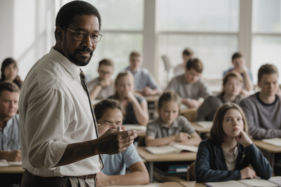 A teacher in glasses, a white shirt, and a striped tie stands in front of a classroom, speaking to attentive students seated at desks with open books.