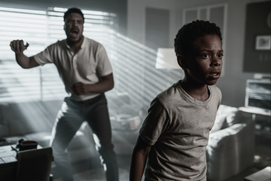 A young boy stands in the foreground of a dimly lit living room with a distressed expression, while a man in the background yells and gestures aggressively. The tense atmosphere and lighting suggest a moment of fear or conflict between the two.