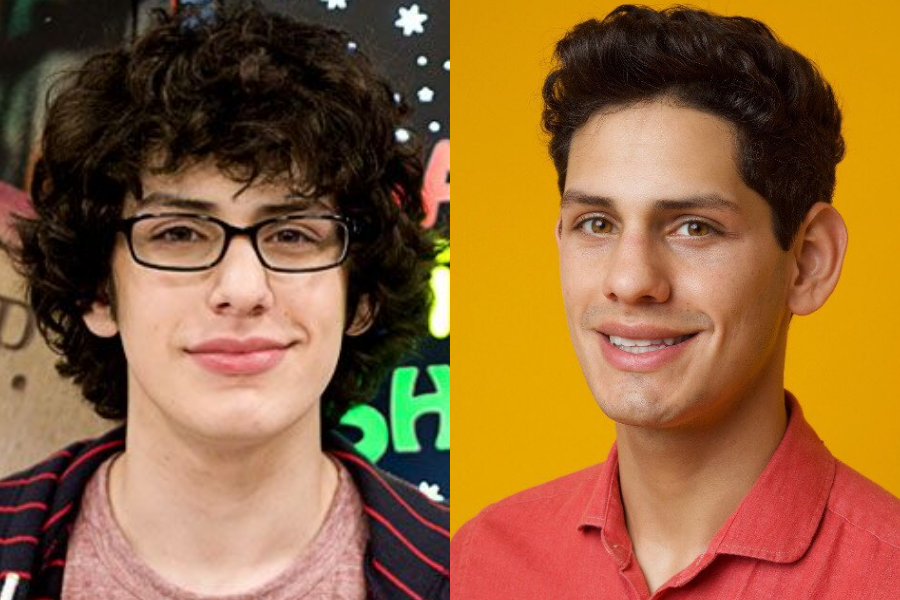Matt Bennett as a teenager with curly hair, glasses, and a striped hoodie from his "Victorious" days, beside a present-day portrait with styled hair and a red shirt against a yellow background.