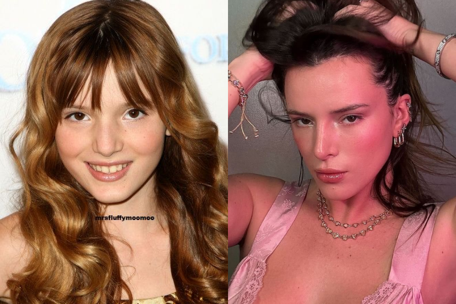 Bella Thorne as a child with long red curls and soft makeup, beside a modern close-up of her with slicked-back hair, layered jewelry, and a confident pink-toned glam look.