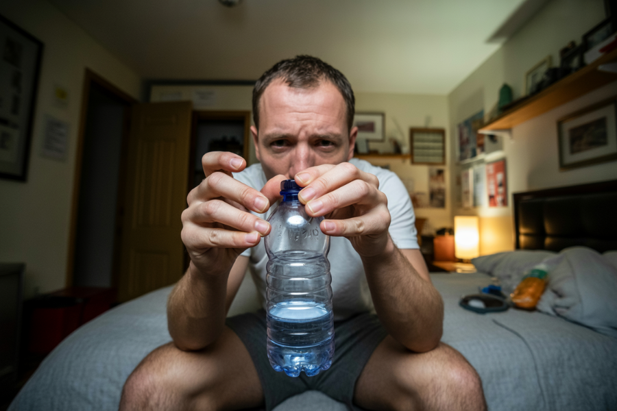 Man sitting on a bed in a cluttered bedroom, holding a nearly empty water bottle and looking concerned.