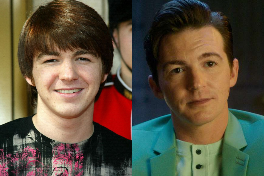 Drake Bell smiling with side-swept hair in his early years, next to a more recent photo of him wearing a teal jacket with slicked hair and a more serious expression.