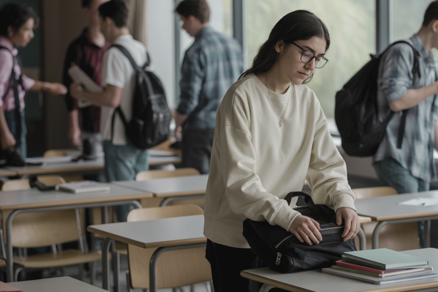 A teenage girl in a beige sweatshirt stands at her desk, zipping up a black backpack with notebooks stacked nearby as classmates socialize in the background.