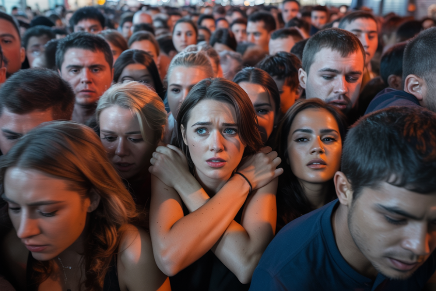 Woman in a tightly packed crowd crossing her arms protectively with a fearful expression as people press around her.
