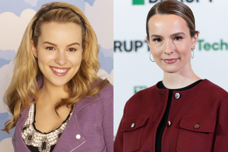 Bridgit Mendler as a Disney star with long blonde hair and a purple hoodie, next to her current polished look with a slick bun and a burgundy blazer at a professional event.