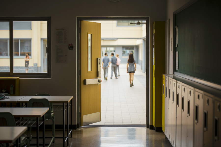 A view from inside a quiet classroom looking out through an open yellow door as students walk away across a courtyard, suggesting the end of the school day.