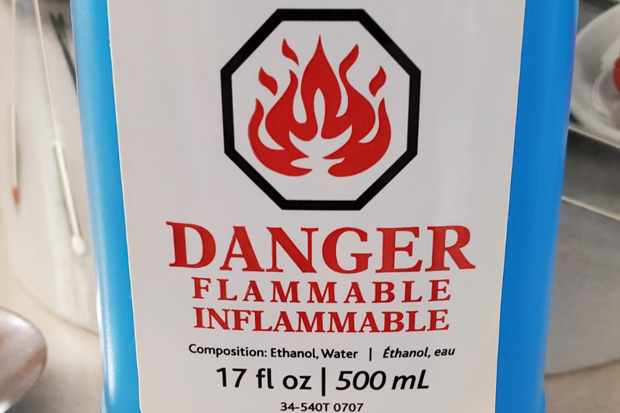 Close-up of a product label reading “Danger Flammable Inflammable” with a red flame symbol and ethanol listed as an ingredient.