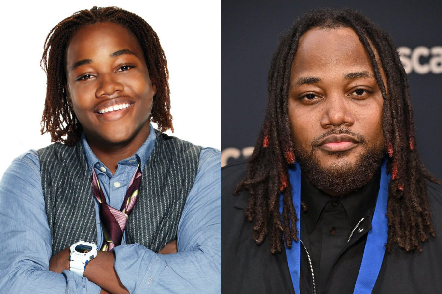 Leon Thomas III as a teen in a layered shirt and tie with a big smile, shown next to an adult photo of him with longer locs and a beard at an awards event.