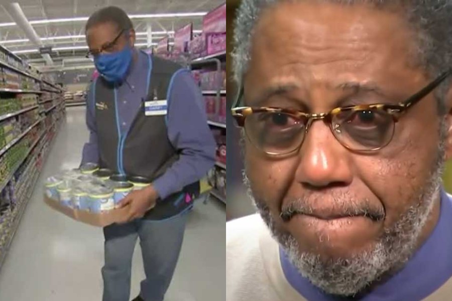 Split image showing Walmart employee carrying a tray of canned goods on the left and a close-up of the same man appearing emotional on the right.
