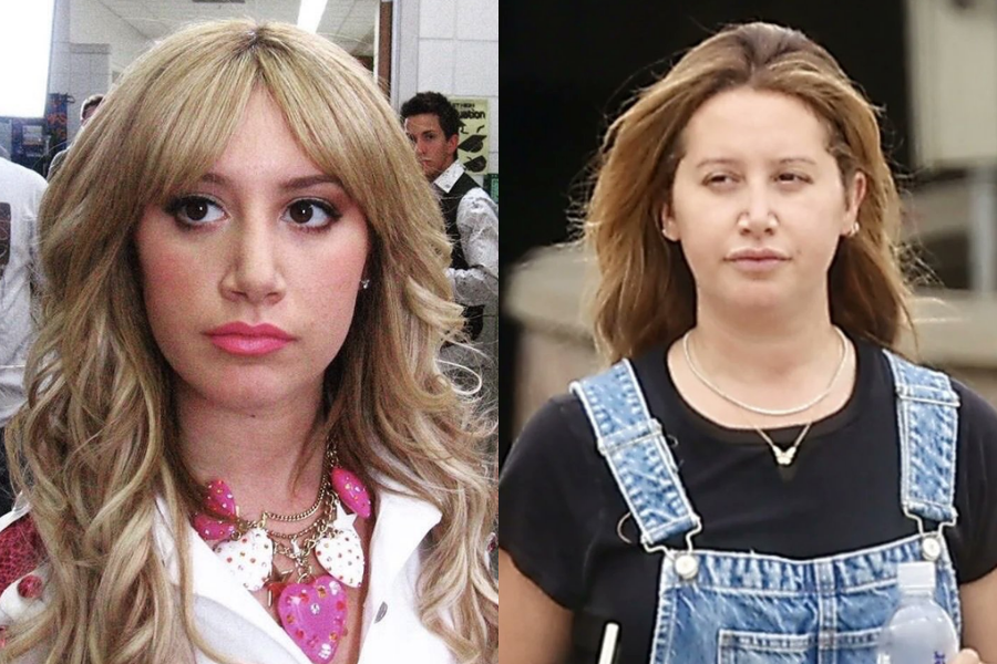 Ashley Tisdale as Sharpay Evans with styled blonde hair and pink accessories, alongside a candid street photo of her in denim overalls and a black t-shirt with no makeup.