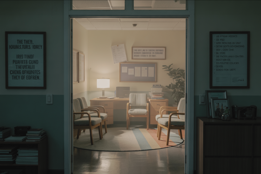 A warmly lit office space with mid-century style furniture including four armchairs, a desk with a lamp, and a computer. Bulletin boards with papers and framed posters hang on the walls, suggesting a school counselor or administrator’s office.