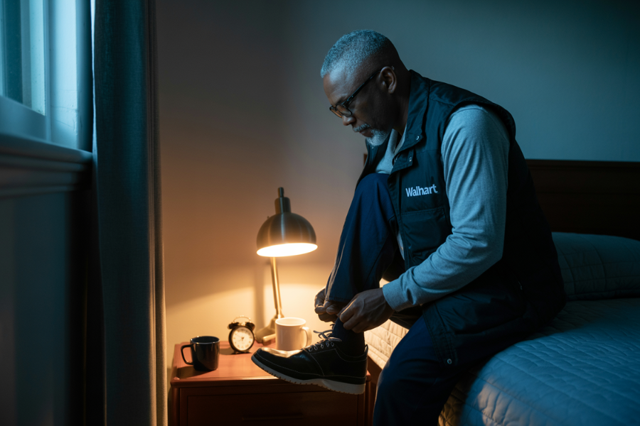 Walmart worker ties shoelaces while sitting on a bed in a dimly lit bedroom with a lamp and alarm clock nearby.