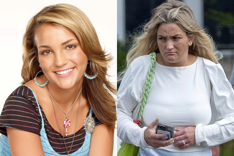 Jamie Lynn Spears smiling with layered hair and colorful jewelry during her “Zoey 101” era, next to a candid photo of her with tousled blonde hair and a white top.