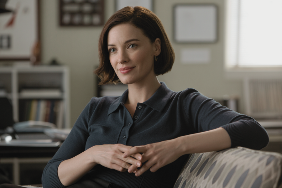 A woman with short brown hair sits on a patterned office couch, smiling gently and clasping her hands, suggesting she is in a counseling or supportive role.