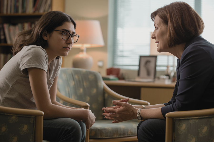 A student leans forward attentively while speaking with a woman in a professional setting, likely a counseling session. Both appear engaged in a serious yet calm conversation.