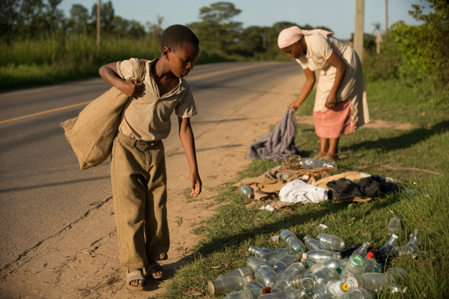 Young boy carries a sack over his shoulder while a woman sorts clothes and plastic bottles beside a road.