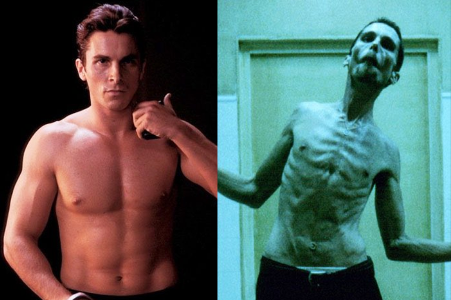 A muscular man poses shirtless with a razor in one hand next to a starkly contrasting image of himself emaciated and skeletal.