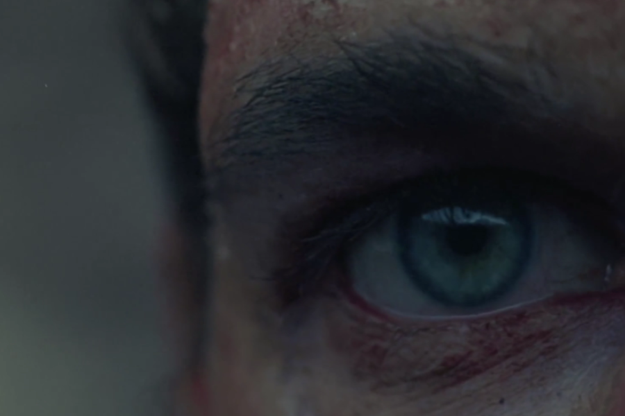 An extreme close-up of a bruised and scratched face focuses on a single green eye, capturing emotion and resilience.