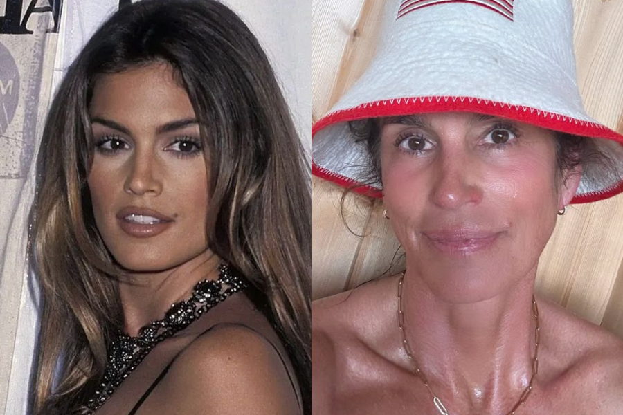 Cindy Crawford in a glamorous 90s photo with voluminous hair and heavy makeup next to a makeup-free, modern selfie wearing a bucket hat. Highlights the natural aging of the iconic supermodel.