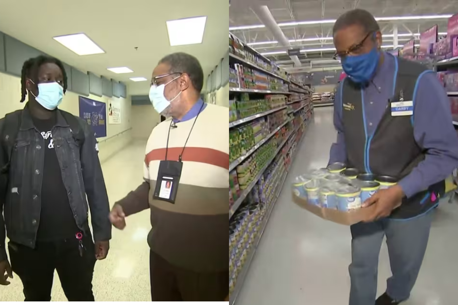 Split image showing a masked man talking to a student in a school hallway on the left, and the same man carrying a case of canned goods in a Walmart aisle on the right.