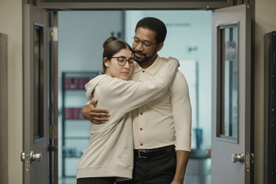 A teacher and student stand in a doorway embracing each other in a warm, reassuring hug. The student’s eyes are closed, suggesting a moment of comfort and trust.