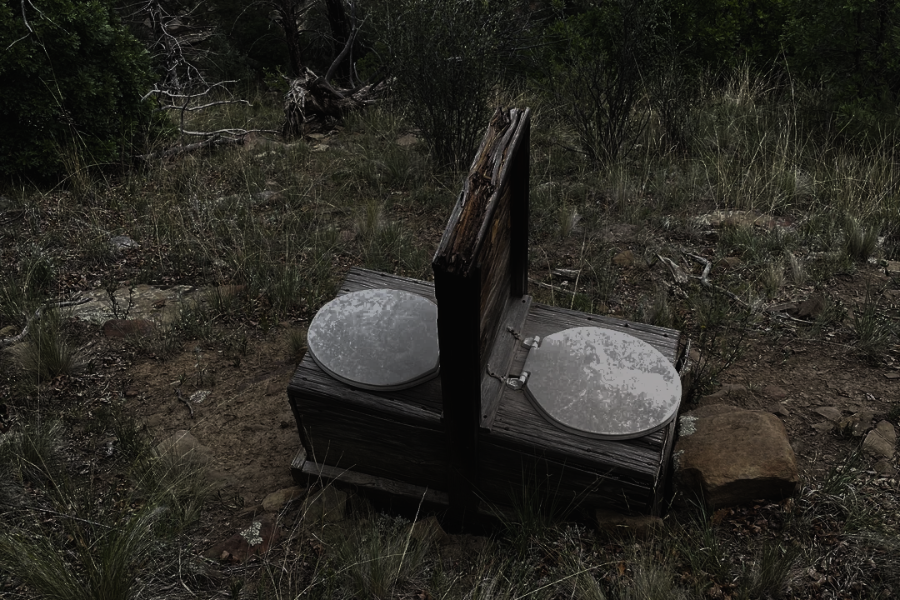 A weathered, double-seated wooden outhouse with open lids sits in a grassy, forested clearing, likely used for backcountry or trail use.