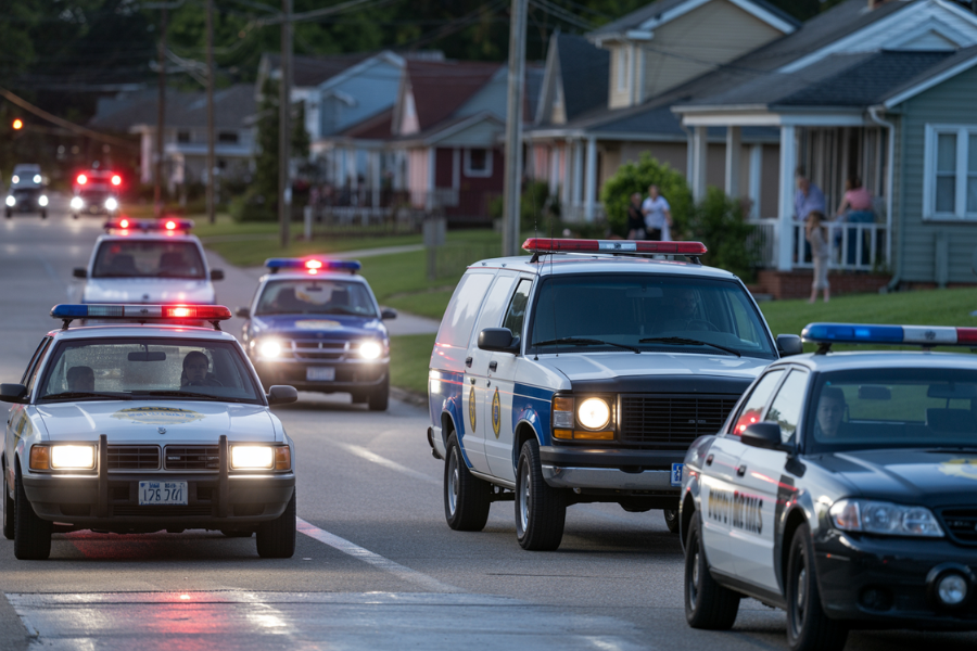 A convoy of police vehicles with flashing red and blue lights drives down a residential street lined with houses and front porches. Onlookers stand outside watching the scene unfold, indicating a possible emergency or law enforcement response.