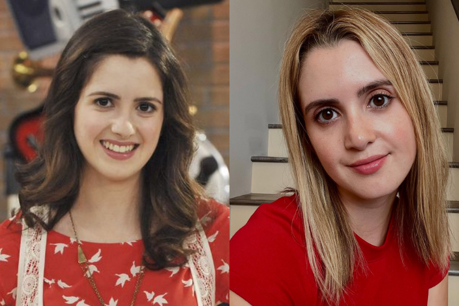Laura Marano as a teen on a TV set wearing a red bird print top, next to a present-day selfie with straight blonde hair and a soft smile while sitting by a staircase.