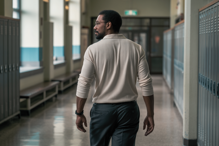 A teacher walks away down an empty school hallway lined with lockers, glancing to the side with a thoughtful or solemn expression.