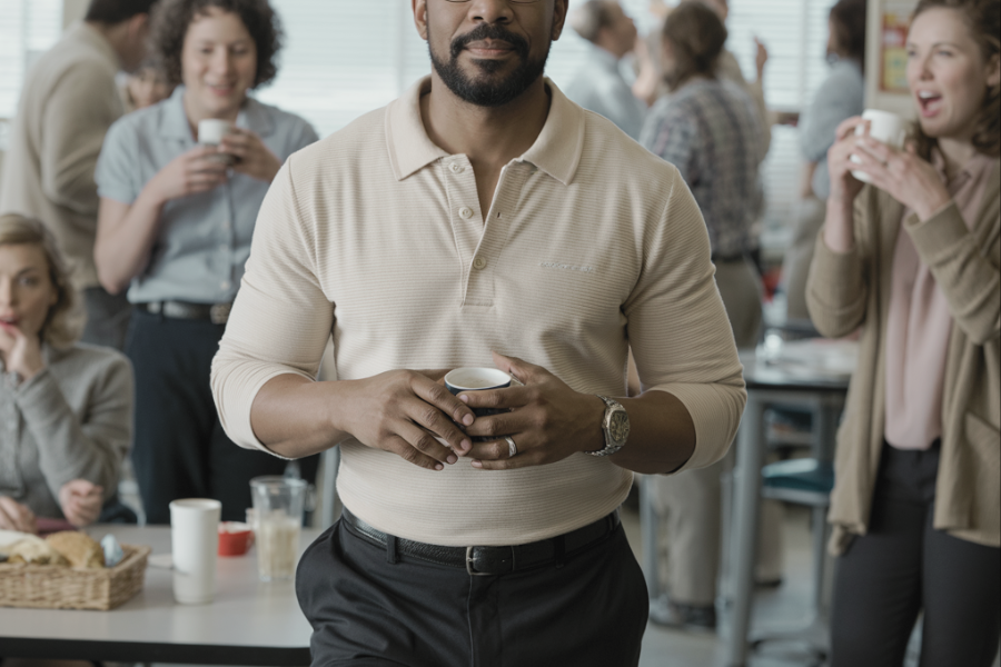 A man holds a cup at a lively staff gathering where teachers are mingling and drinking coffee. The scene captures a moment of camaraderie in a school break room.
