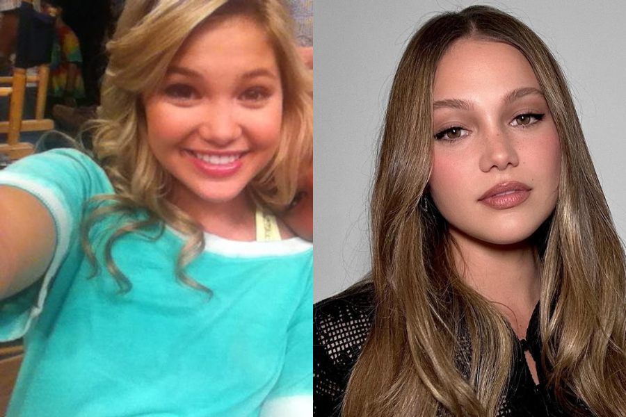 Olivia Holt smiling in a turquoise top as a teen, beside a modern glam shot with sleek long hair, nude lipstick, and defined makeup.