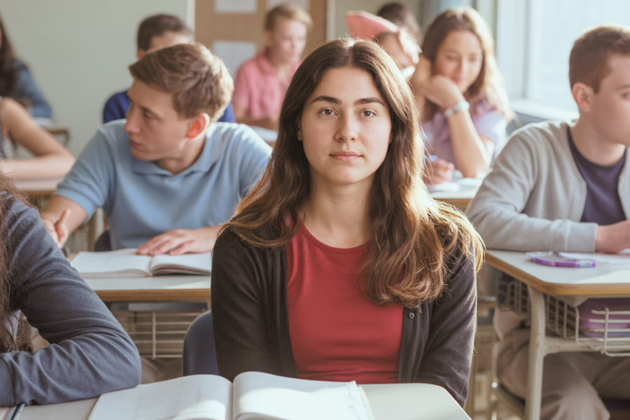 A student sits in a classroom full of classmates but looks directly at the camera with a neutral, steady expression. The classroom is bright and active in the background.