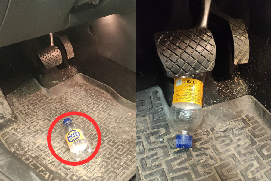 Two images showing plastic bottles dangerously stuck under car pedals, posing a driving hazard.