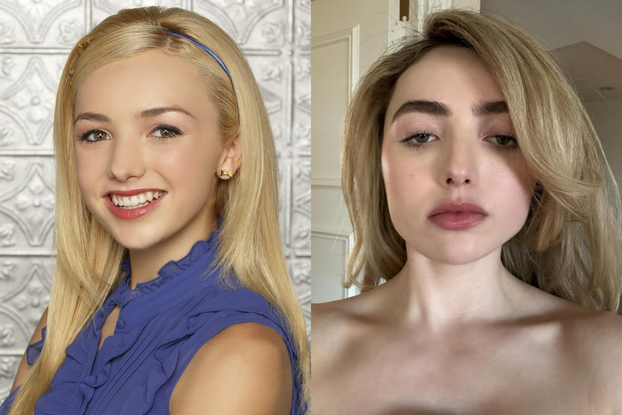 Peyton List as a young actress with straight blonde hair and a blue ruffled dress, beside a makeup-free selfie showing her grown-up look and voluminous hairstyle.