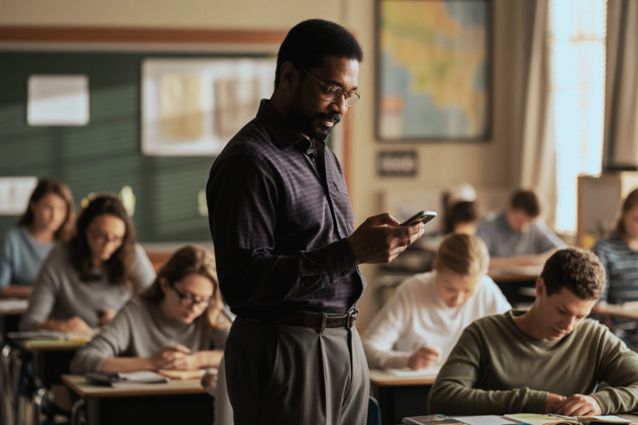 A teacher in a dark shirt checks his phone while standing in a classroom, as students work independently at their desks. The scene suggests a quiet moment during class.