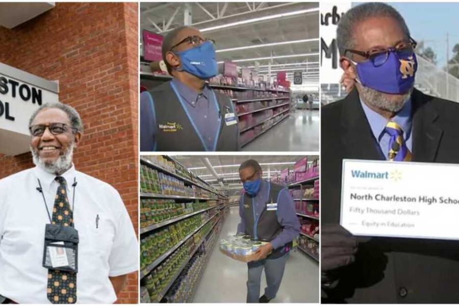 Collage of images showing Henry Darby at school, working in Walmart aisles, and holding the $50,000 donation check.