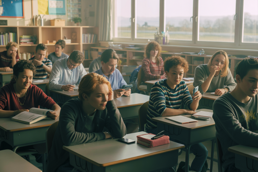 A classroom of high school students sits in varied postures, some using their phones, others reading or looking distracted. The setting is casual and filled with natural light from large windows.