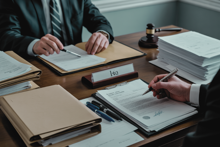 Two people in suits sit across from each other at a table covered in legal documents and file folders, one person signing a form next to a nameplate labeled "Ivo."