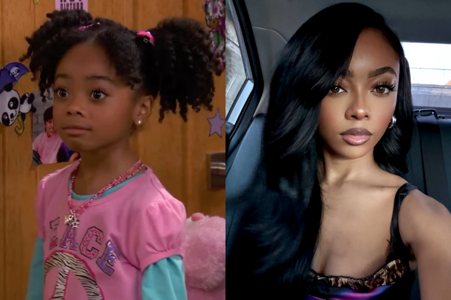 Skai Jackson as a young girl with pigtails in a pink and blue outfit, beside a glamorous selfie of her as an adult in a car with sleek black hair and bold makeup.