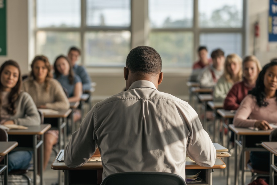A teacher stands at the front of a classroom seen from behind, facing attentive students who are looking forward. The class appears to be engaged in a lecture or discussion.