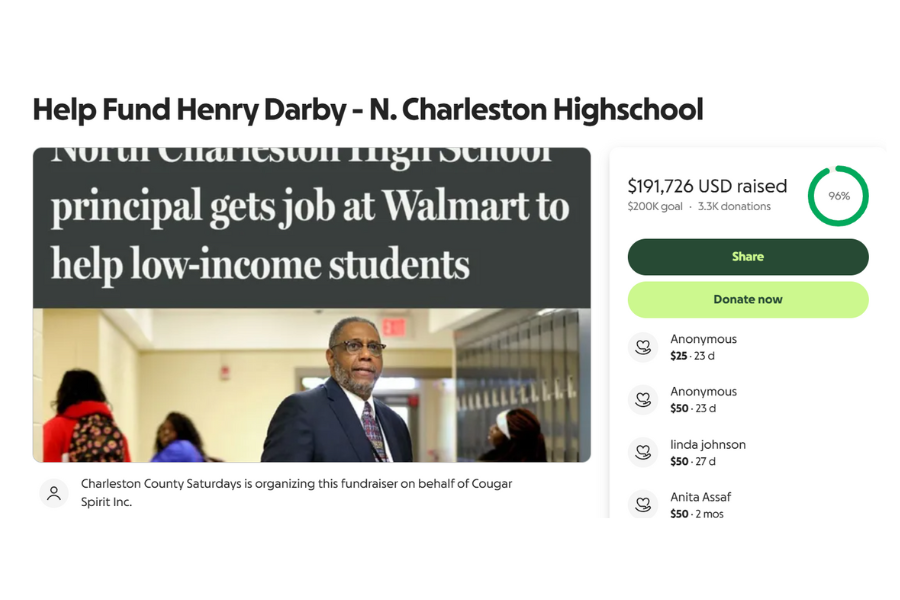 GoFundMe page titled “Help Fund Henry Darby - N. Charleston Highschool” shows nearly $192,000 raised alongside an image of Darby in a school hallway.