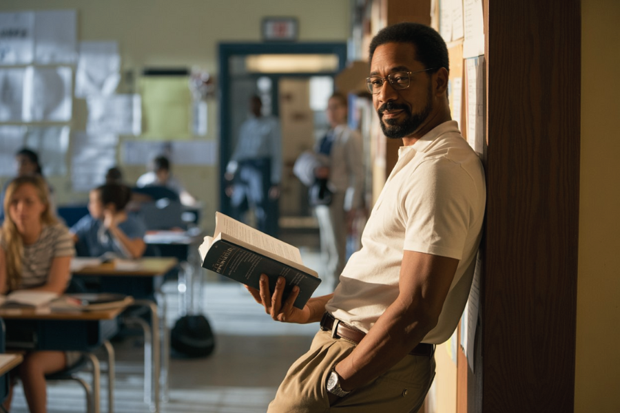 A smiling teacher in a white polo shirt leans casually against a wall while holding an open book. The classroom behind him is active with students and softly lit by sunlight.