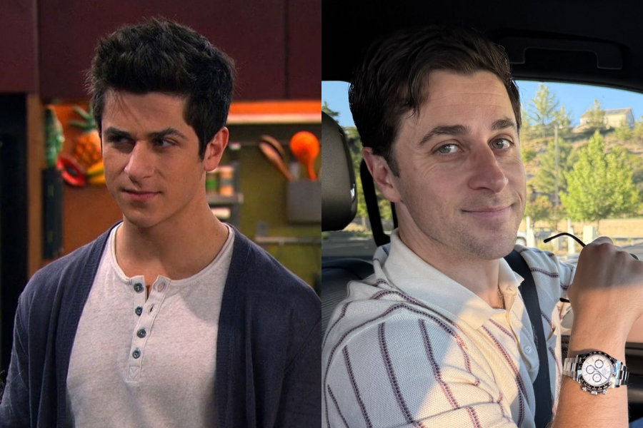 David Henrie with spiked hair and a serious expression in his Disney Channel role, beside a recent photo in a car wearing a collared shirt and wristwatch.