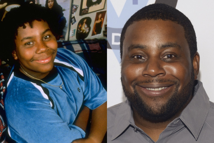 Kenan Thompson as a teenager sitting in a 90s-styled bedroom with posters in the background, next to a modern image of him smiling in a button-down shirt at an event.