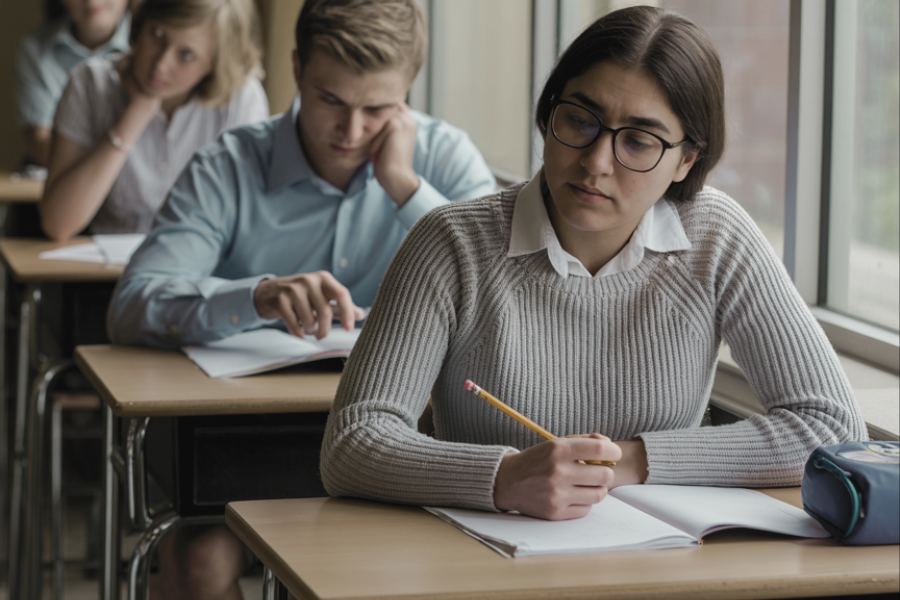 A student in a gray sweater sits at her desk by the window, writing in a notebook while glancing sideways with a thoughtful or distracted expression. Two classmates behind her appear focused on their own work.