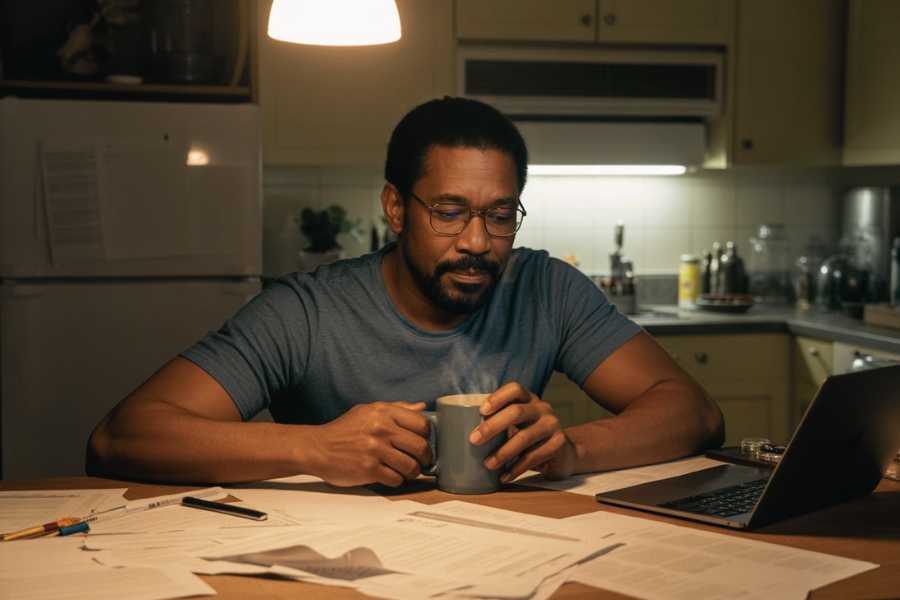 A man in a blue shirt sits at a kitchen table late at night, surrounded by paperwork and a laptop, holding a steaming mug and appearing contemplative.