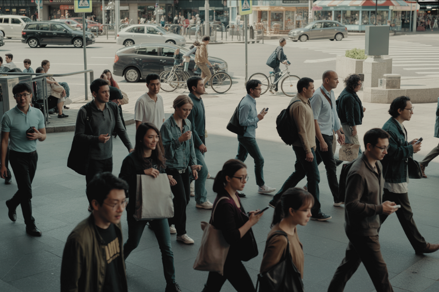 A busy city sidewalk filled with pedestrians walking in various directions, most looking at their phones. The background includes crosswalks, storefronts, and parked cars.