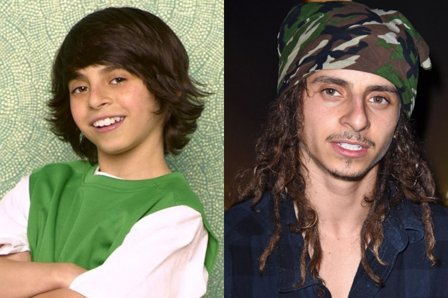 Moises Arias as a child with a shaggy haircut and green shirt, next to a recent photo of him with long locs, a camo bandana, and light facial hair.
