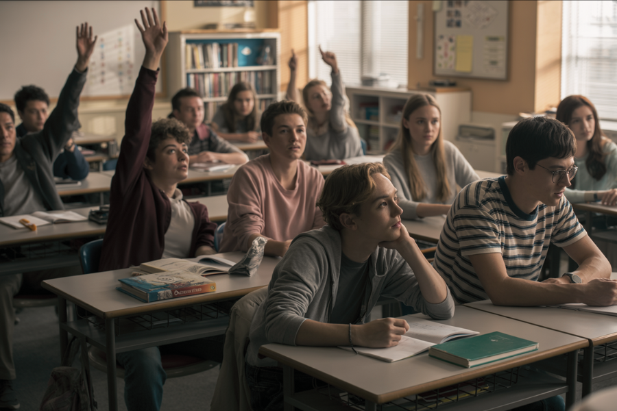 A classroom of high school students during a lesson, with several students raising their hands eagerly while others look on or take notes.