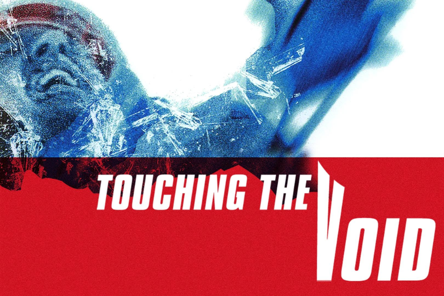 Stylized movie poster for Touching the Void featuring a distressed climber in blue surrounded by shattered ice textures, with bold red and white title text.